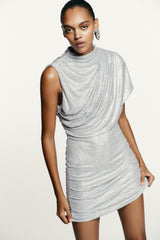 One Shoulder Draped Ruched Mini Dress