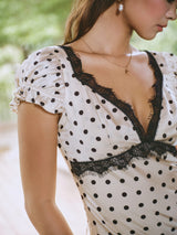 Polka Dot Lace Trim Plunge Maxi Dress