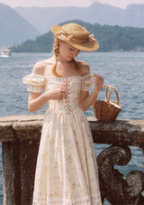 Lace Up Corset Puff Sleeve Midi Dress