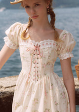 Lace Up Corset Puff Sleeve Midi Dress