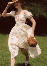 Lace Up Corset Puff Sleeve Midi Dress