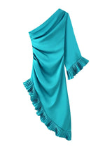 One Shoulder Draped Pleated Trim Midi Dress