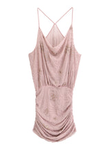 Beaded Cowl Neck Ruched Mini Dress