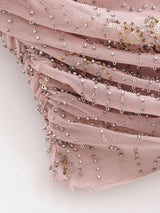 Beaded Cowl Neck Ruched Mini Dress