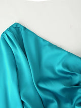 One Shoulder Draped Pleated Trim Midi Dress