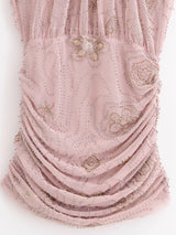 Beaded Cowl Neck Ruched Mini Dress