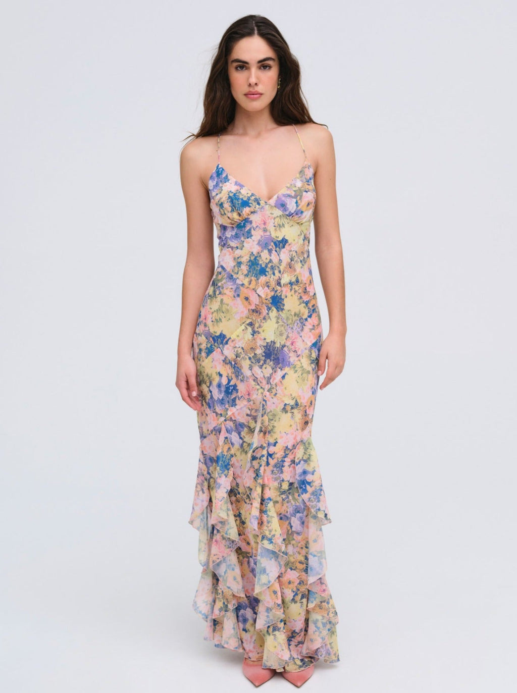 Crossback V Neck Ruffle Hem Maxi Dress