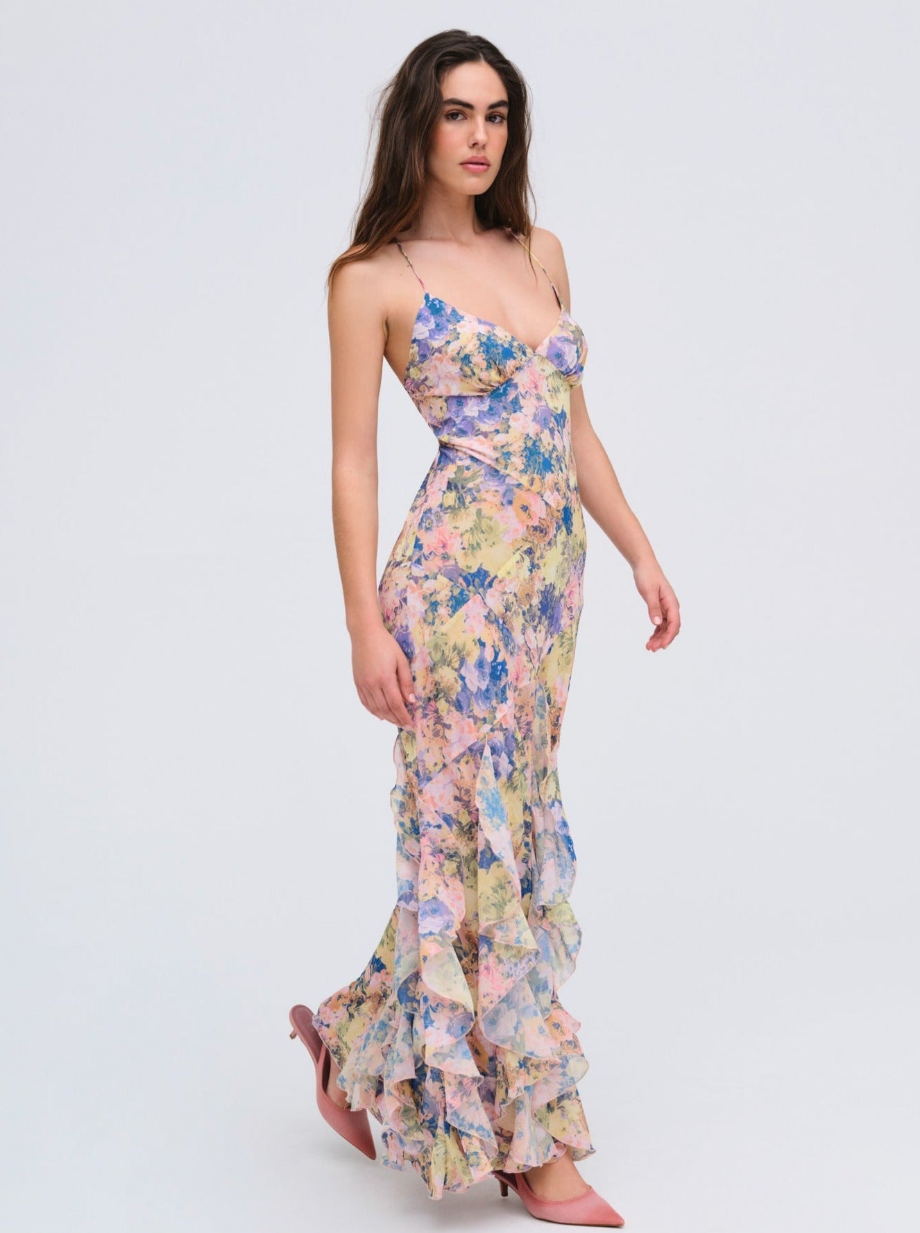 Crossback V Neck Ruffle Hem Maxi Dress