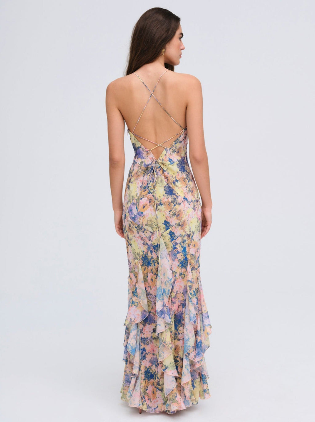 Crossback V Neck Ruffle Hem Maxi Dress