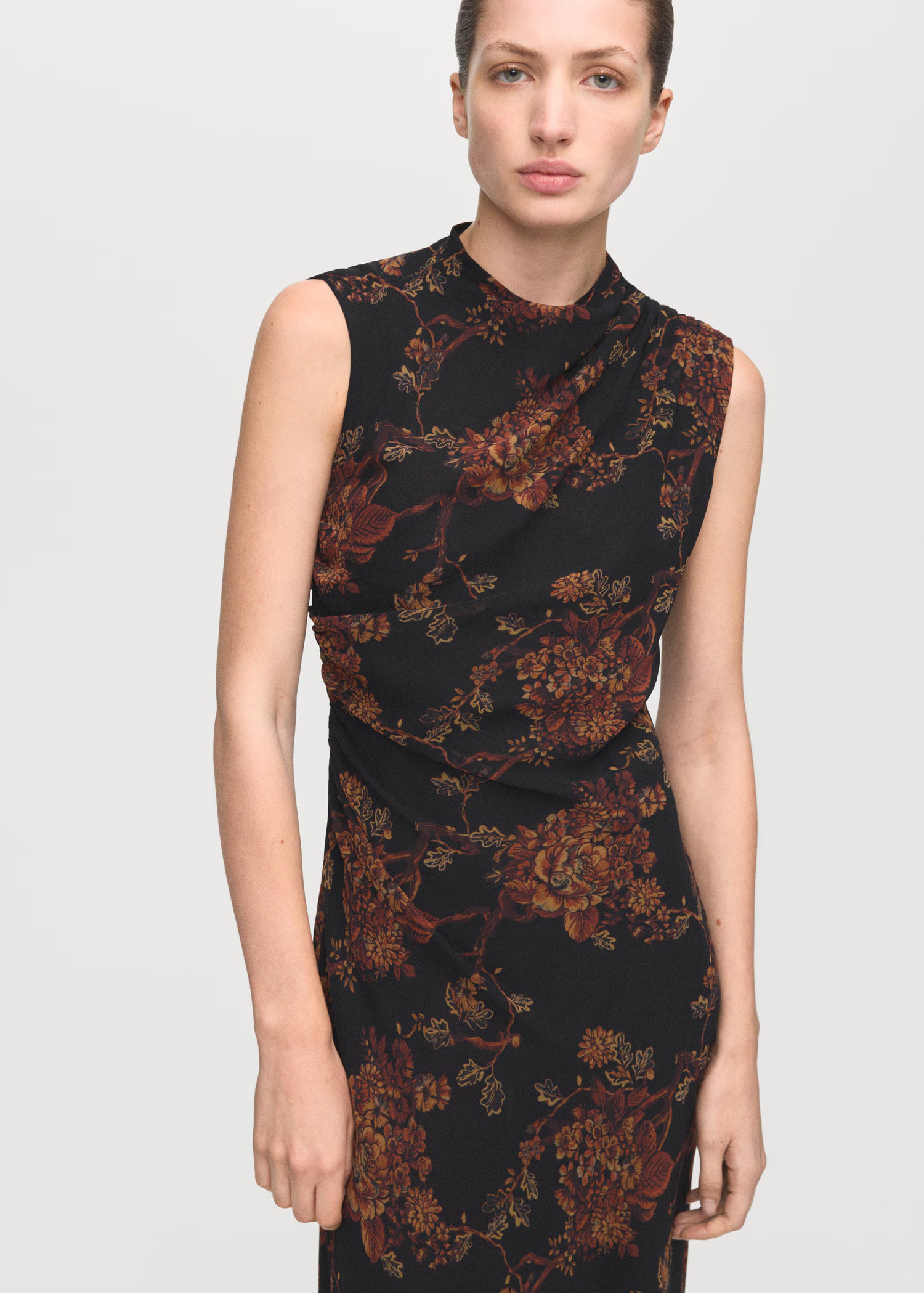 Draped Cowl Neck Floral Maxi Dress