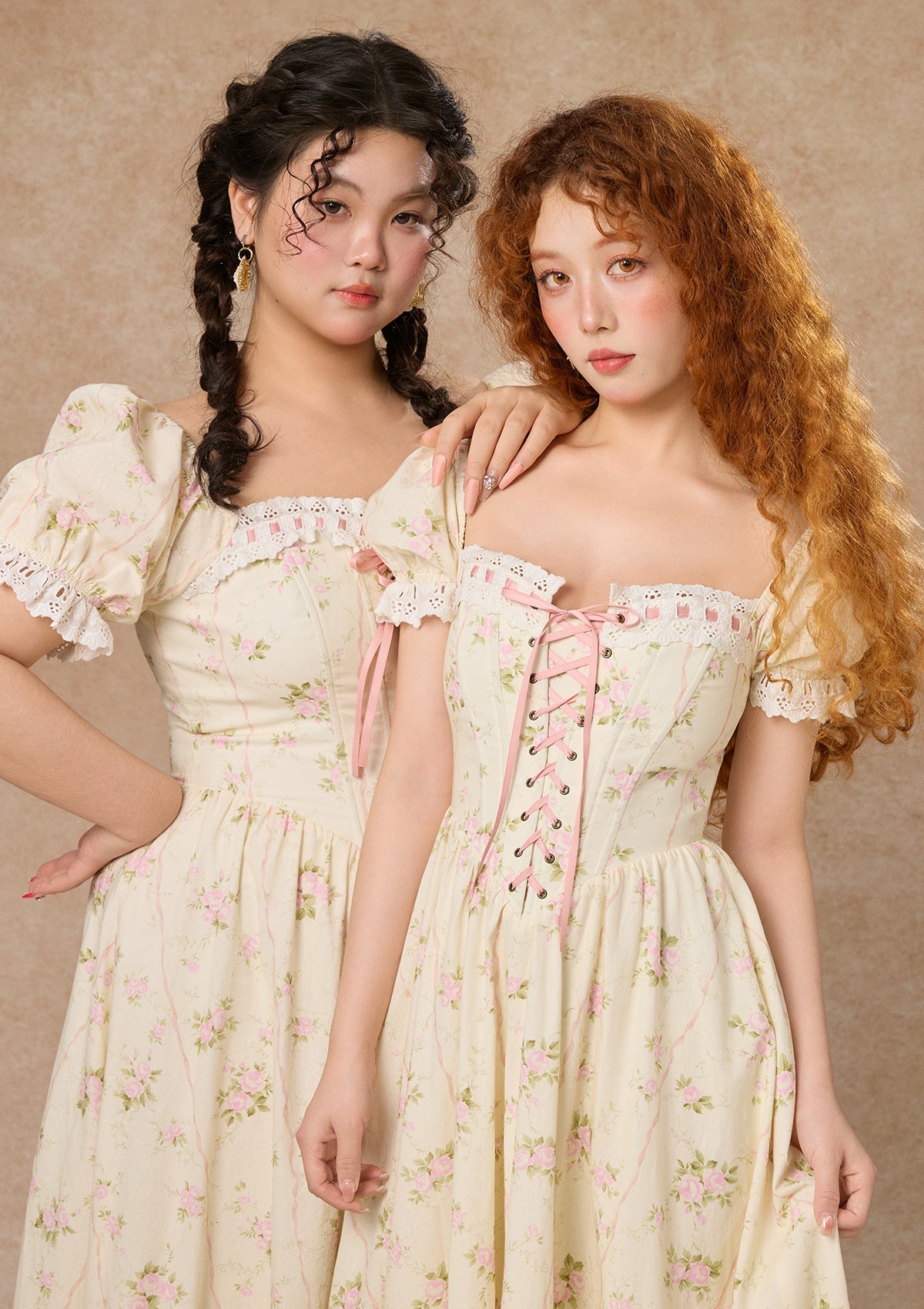 Lace Up Corset Puff Sleeve Midi Dress