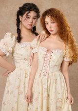 Lace Up Corset Puff Sleeve Midi Dress