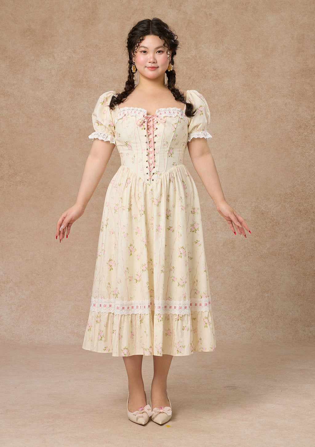 Lace Up Corset Puff Sleeve Midi Dress