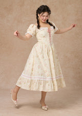 Lace Up Corset Puff Sleeve Midi Dress