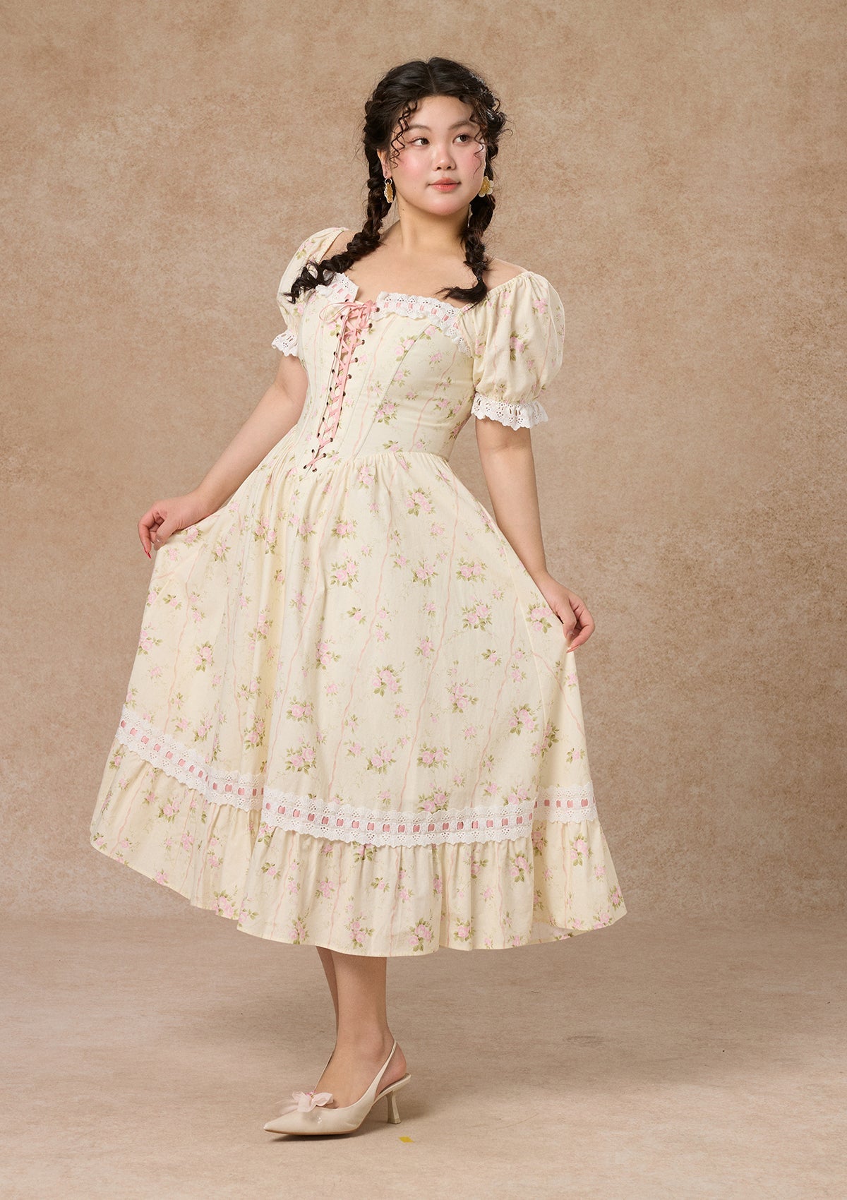 Lace Up Corset Puff Sleeve Midi Dress