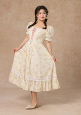 Lace Up Corset Puff Sleeve Midi Dress