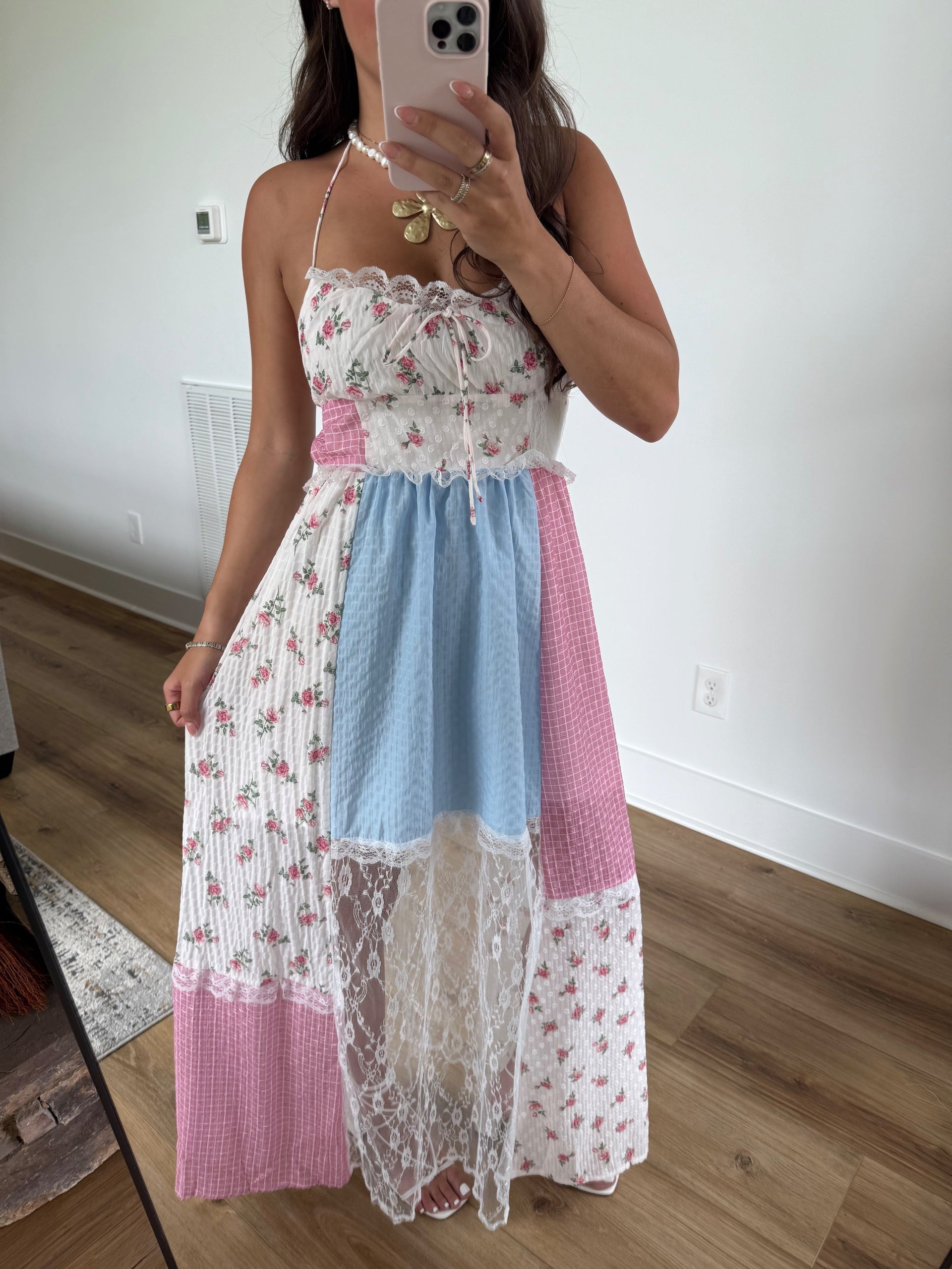 Halter Tie Patchwork Lace Maxi Dress