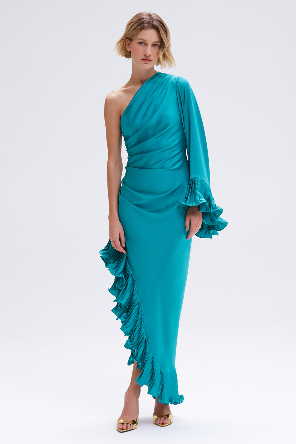 One Shoulder Draped Pleated Trim Midi Dress