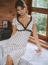 Polka Dot Lace Trim Plunge Maxi Dress