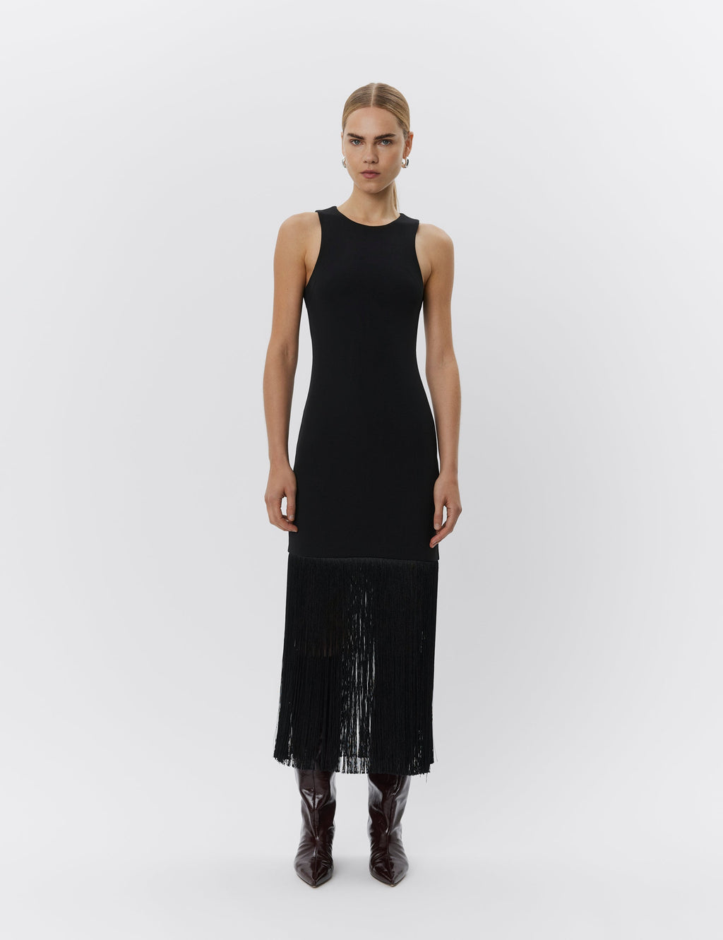 Fringe Cascade Column Maxi Dress