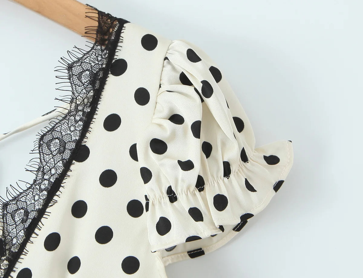 Polka Dot Lace Trim Plunge Maxi Dress