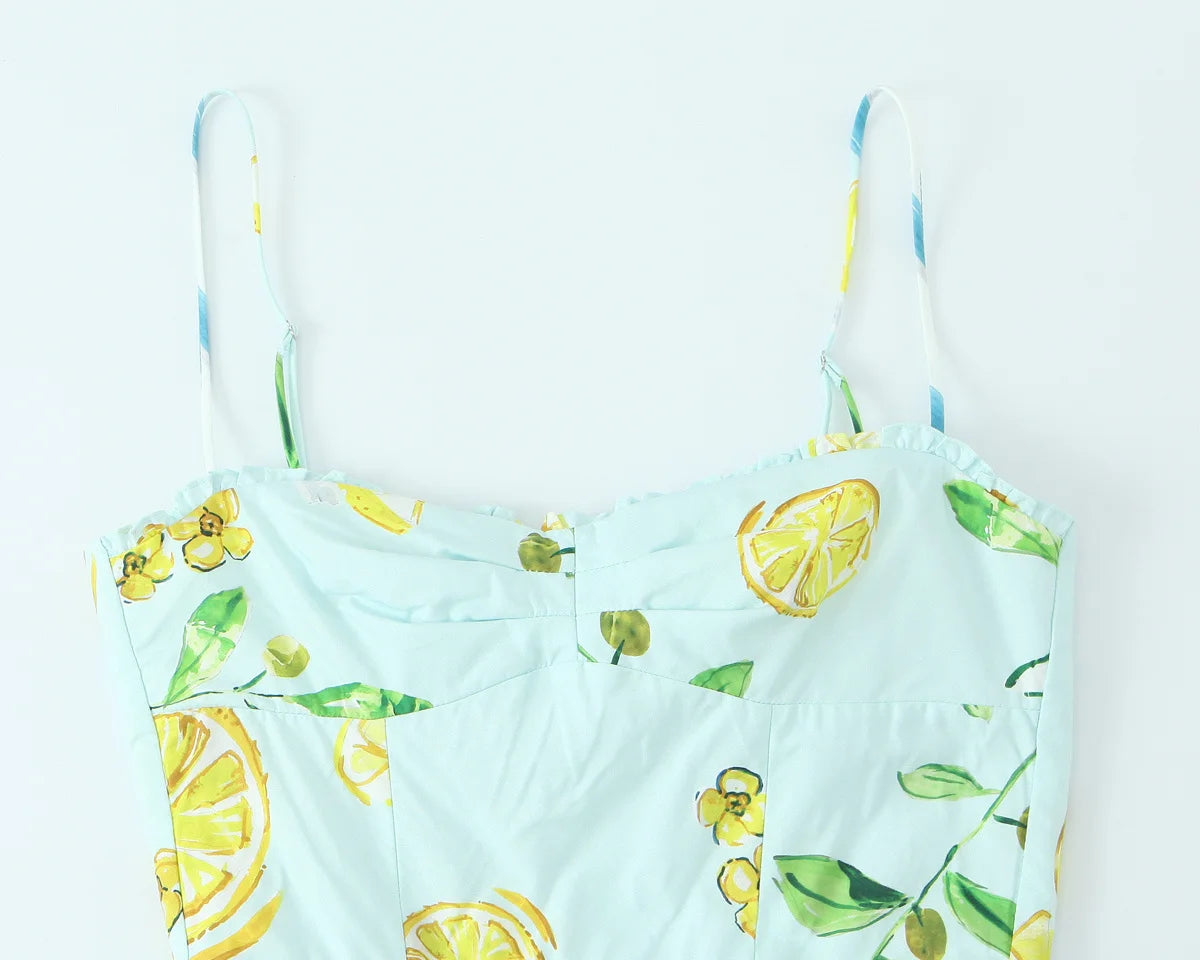 Lemon Print Sweetheart Cami Maxi Dress