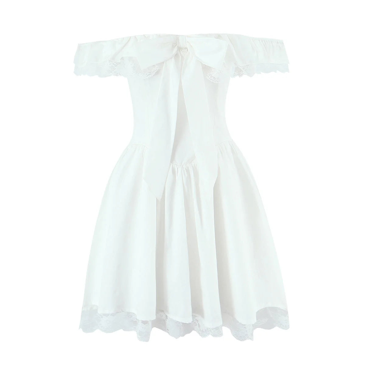 Lace Ruffle Bow Bardot Mini Dress