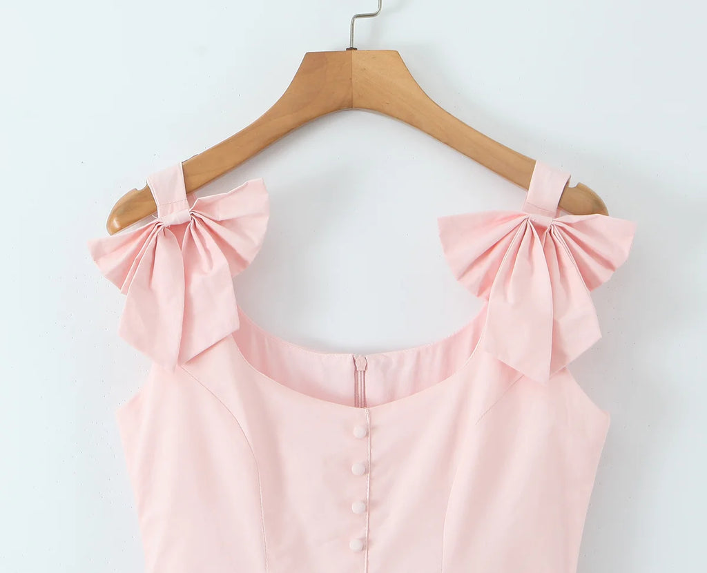 Bow Strap Button Front Mini Dress