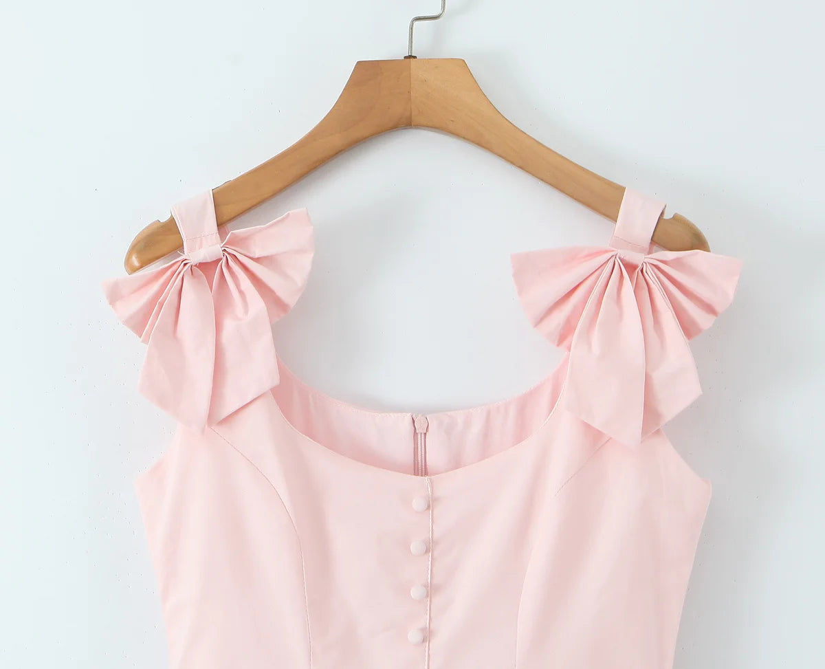 Bow Strap Button Front Mini Dress