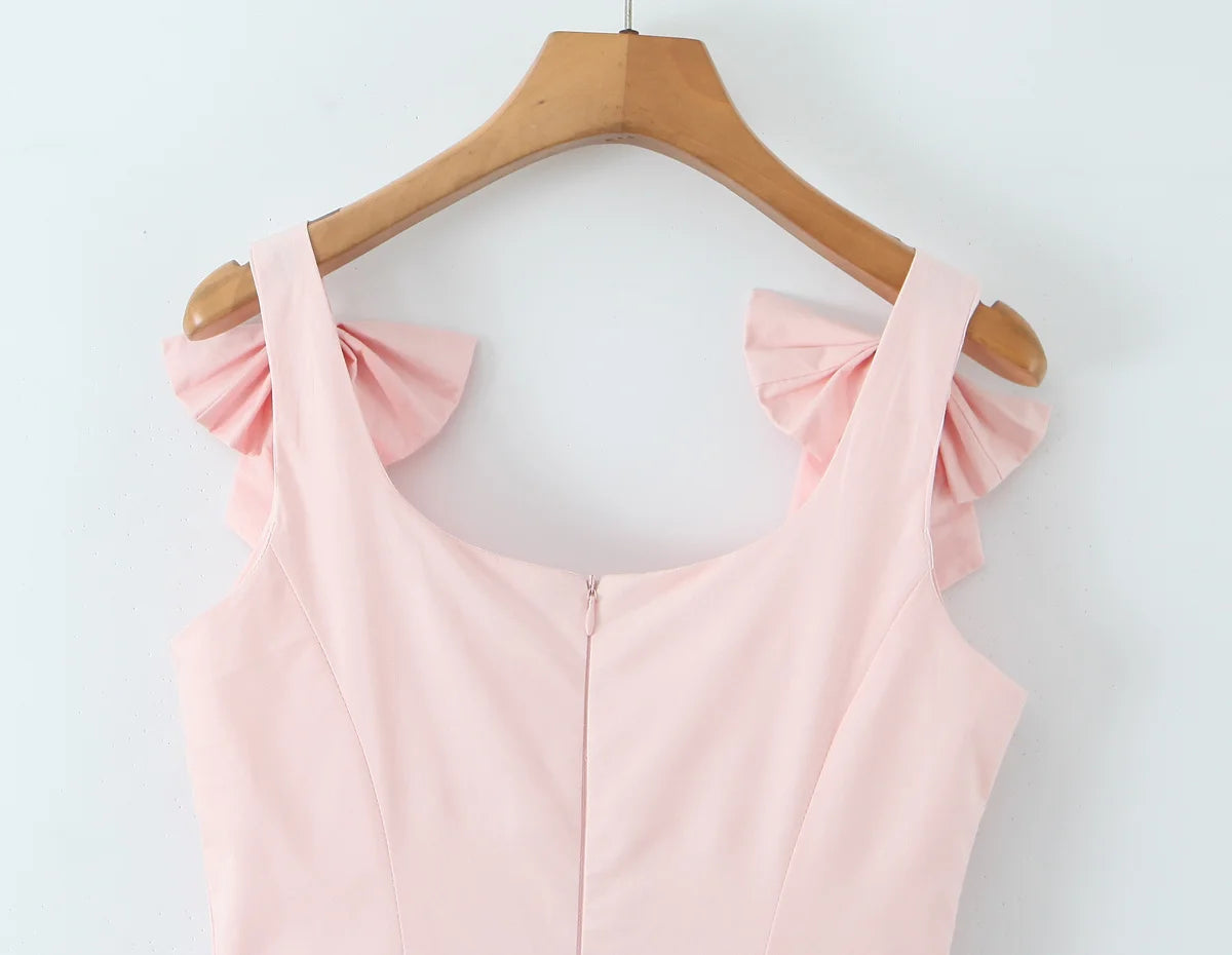 Bow Strap Button Front Mini Dress