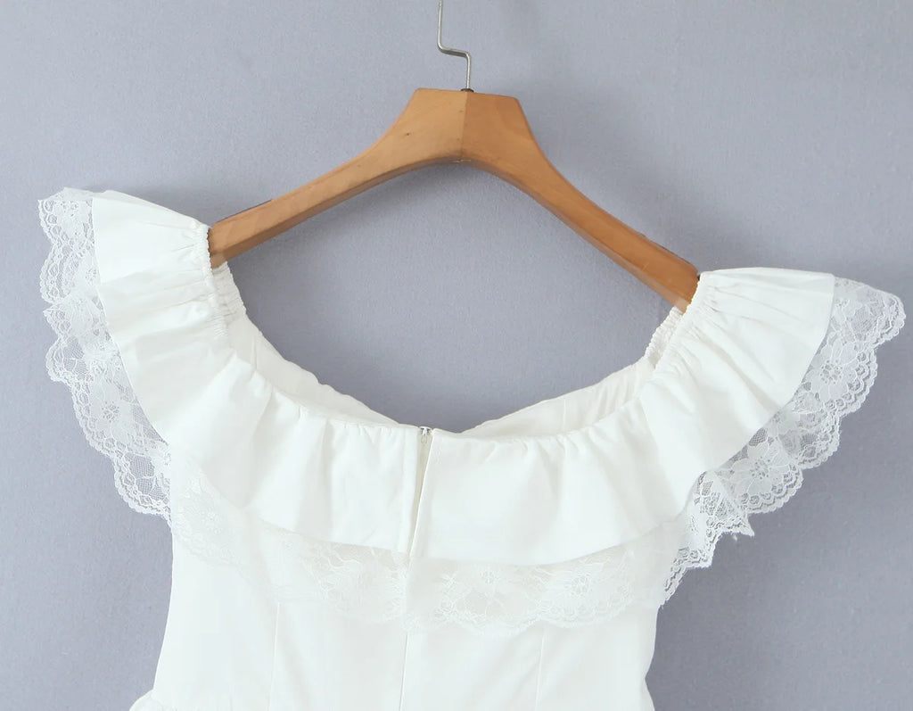 Lace Ruffle Bow Bardot Mini Dress