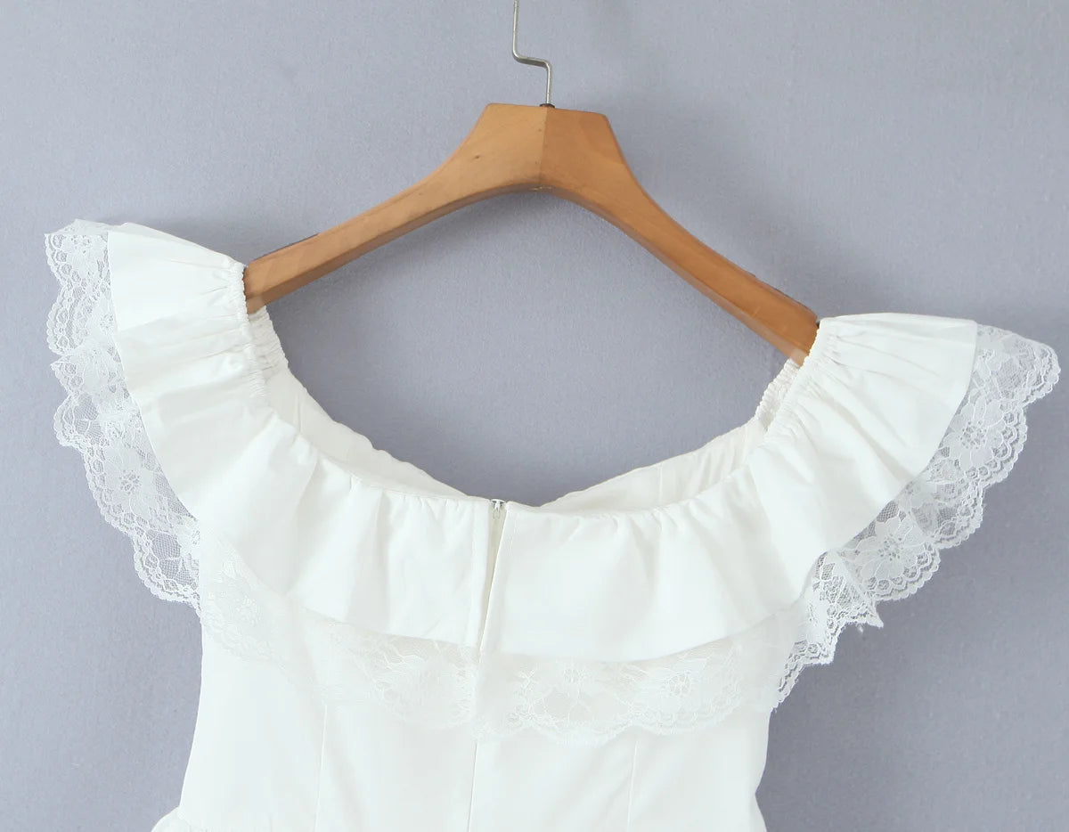 Lace Ruffle Bow Bardot Mini Dress
