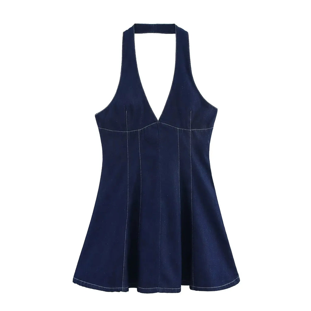 Deep V Halter Fit and Flare Mini Dress