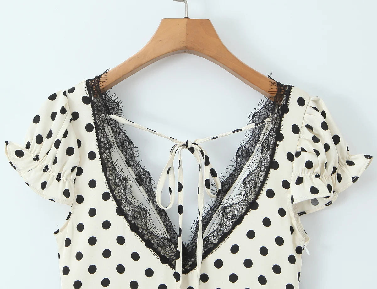 Polka Dot Lace Trim Plunge Maxi Dress