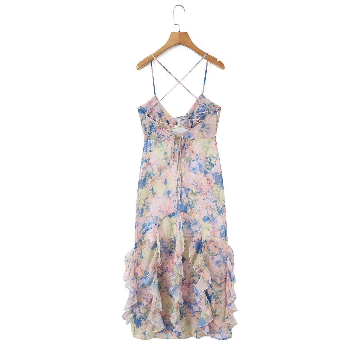 Crossback V Neck Ruffle Hem Maxi Dress