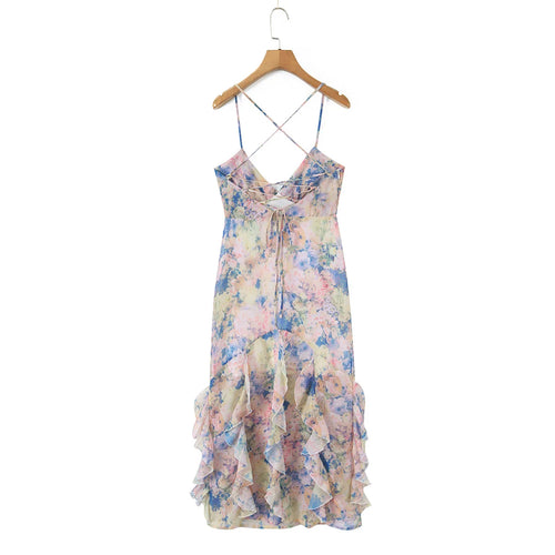 Crossback V Neck Ruffle Hem Maxi Dress