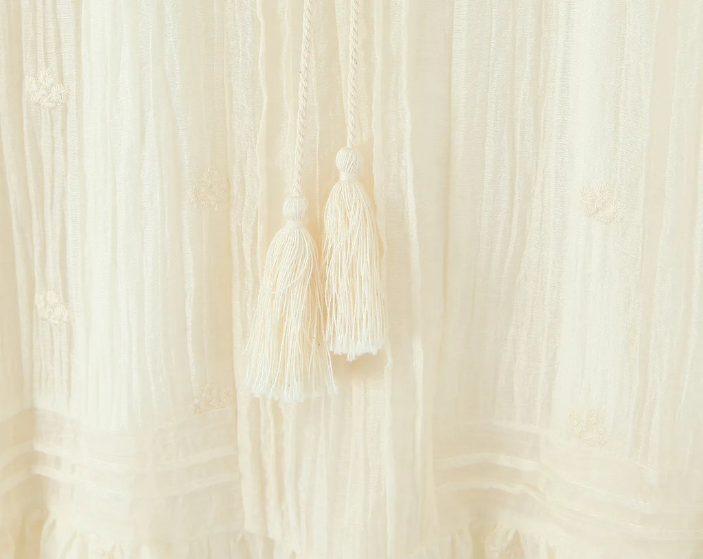 Sheer Dobby Tassel Tie Ruffle Hem Mini Dress