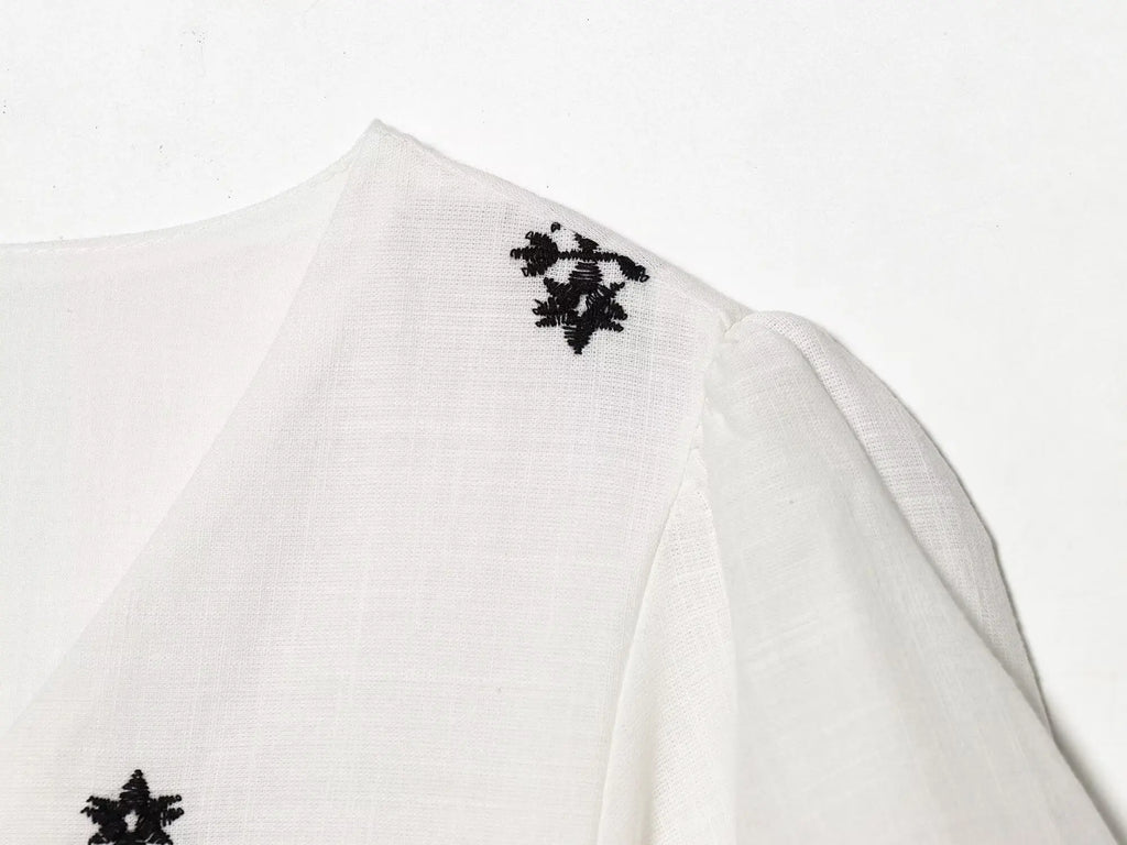 Bow Tie Puff Sleeve Embroidered Tiered Maxi Dress