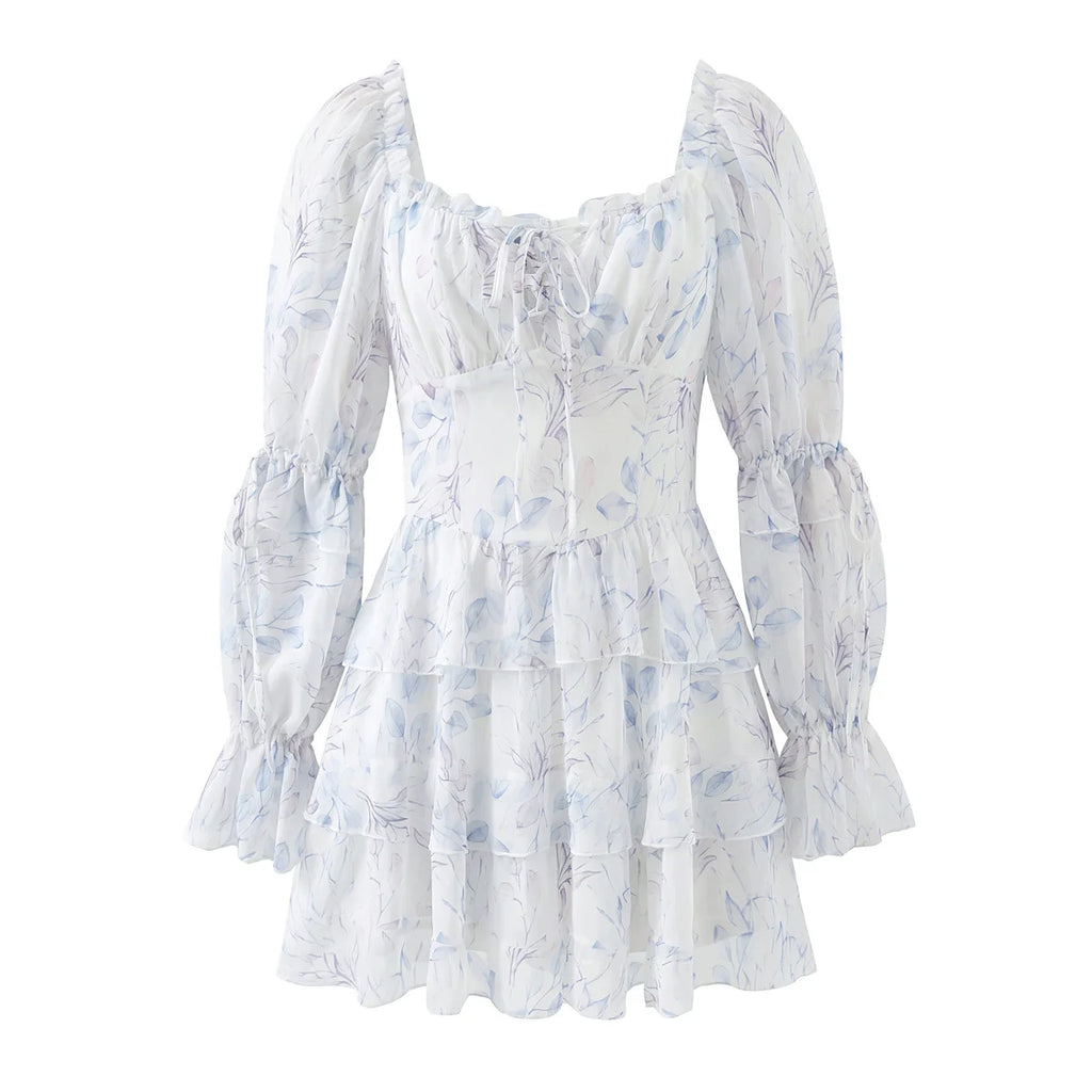 Lace Up Tiered Ruffle Mini Dress