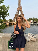 Deep V Halter Fit and Flare Mini Dress