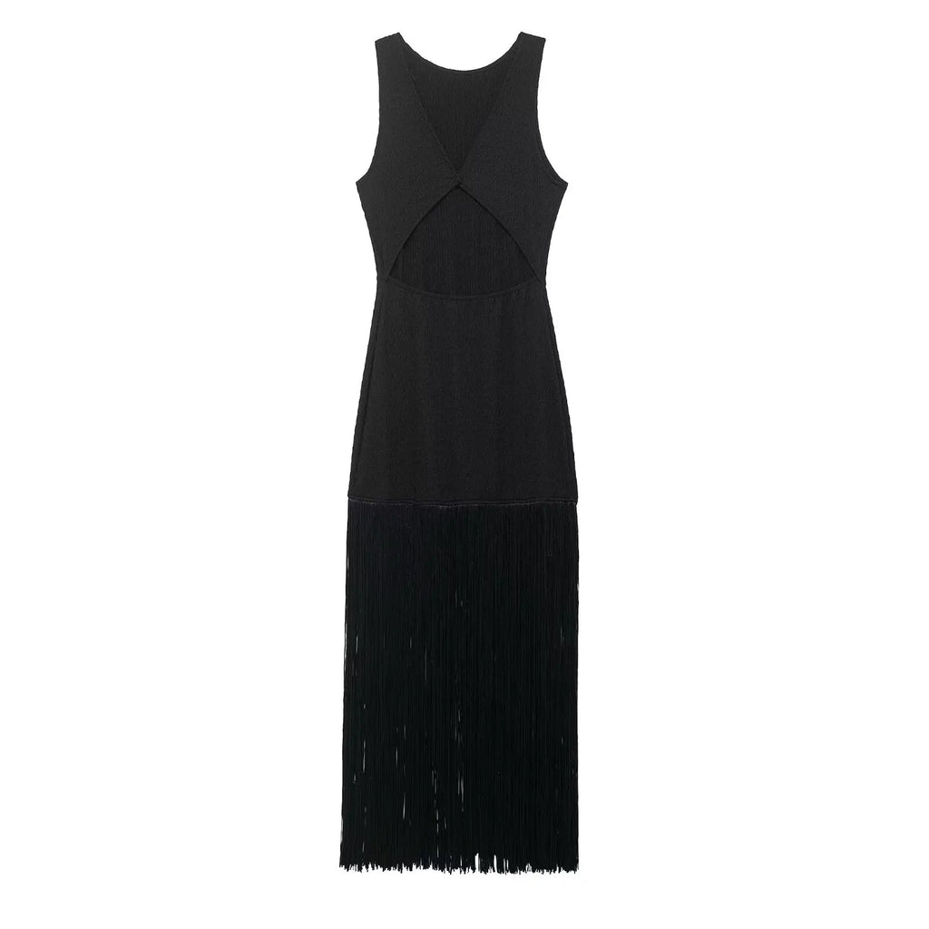 Fringe Cascade Column Maxi Dress