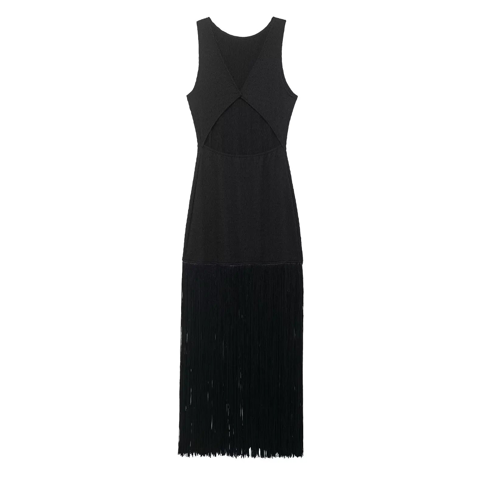 Fringe Cascade Column Maxi Dress