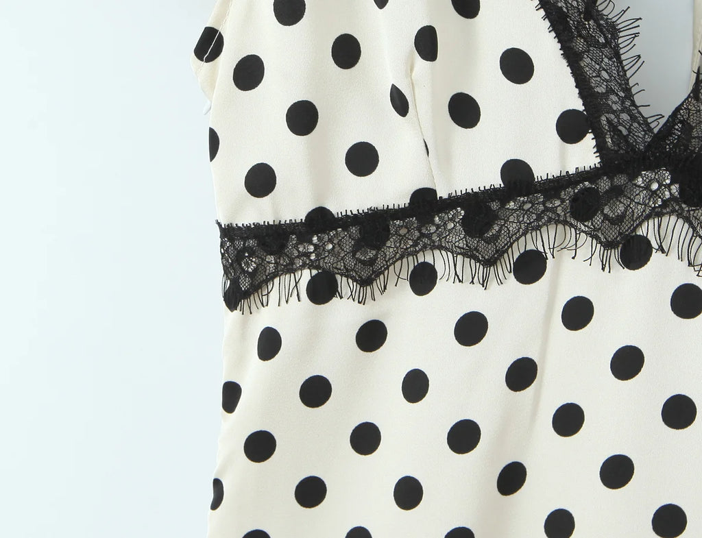 Polka Dot Lace Trim Plunge Maxi Dress
