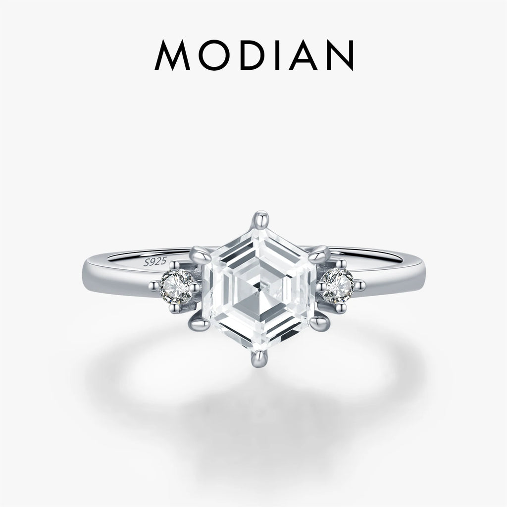 MODIAN 925 Sterling Silver Elegant Sparkling Hexagon Clear Zirconia Wedding Finger Rings For Women Dating Fine Jewelry