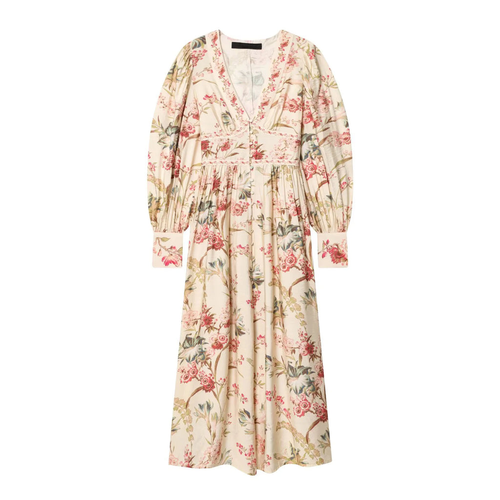 Botanical V Neck Long Sleeve Maxi Dress