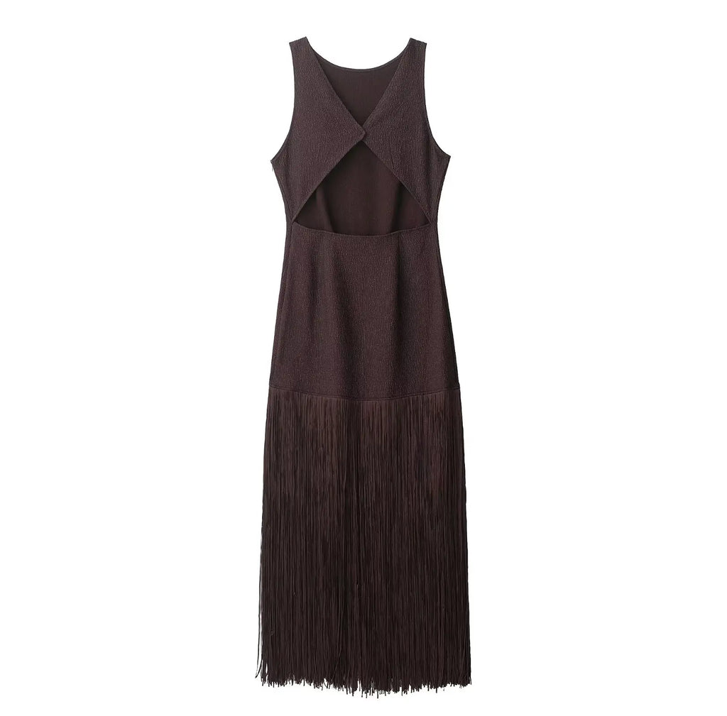 Fringe Cascade Column Maxi Dress