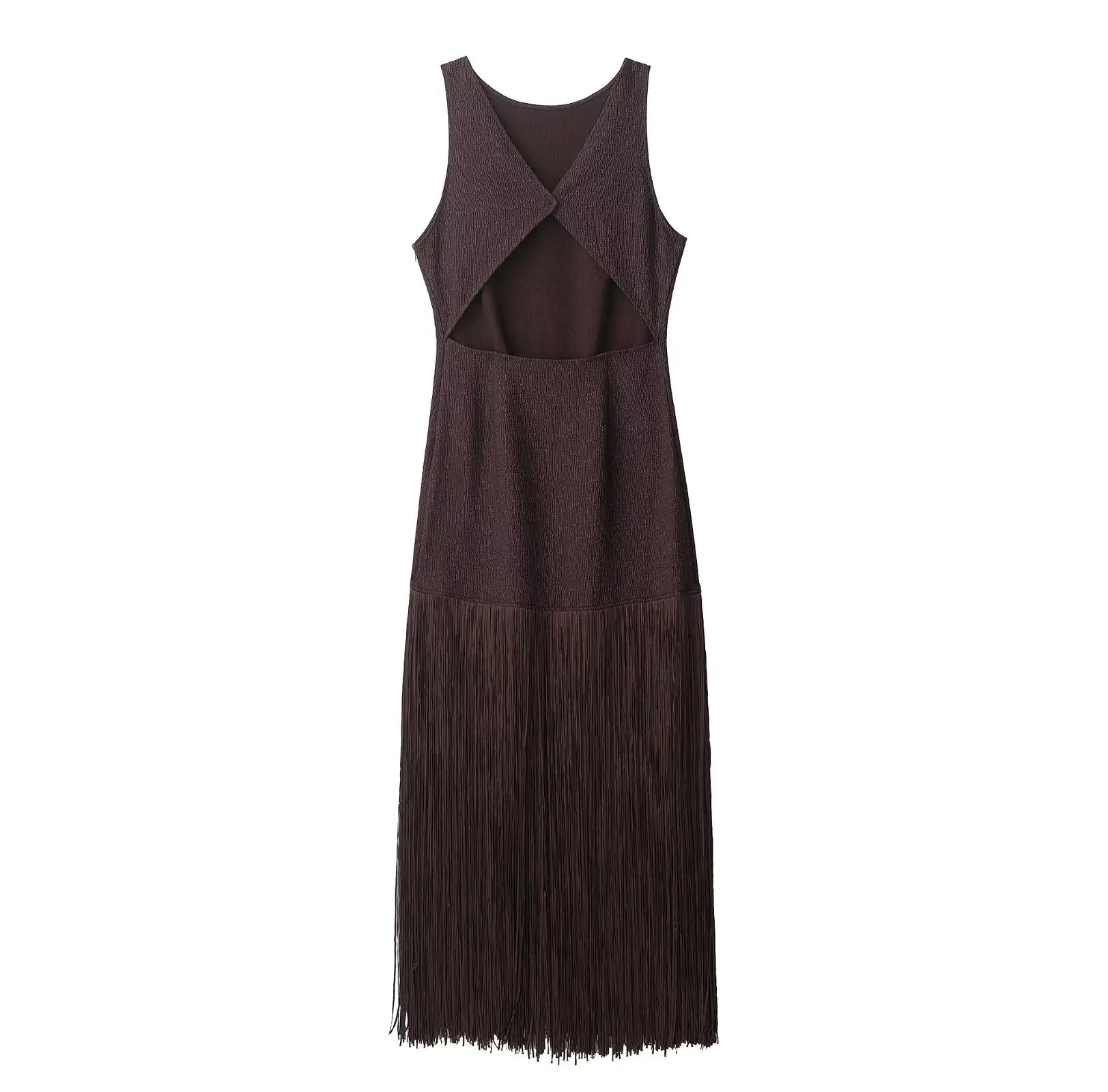 Fringe Cascade Column Maxi Dress