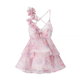 3D Floral Strap Lace Up Tiered Mini Dress
