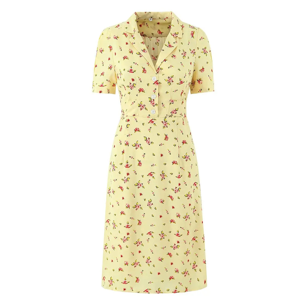 Notched Collar Button Front Midi Dress