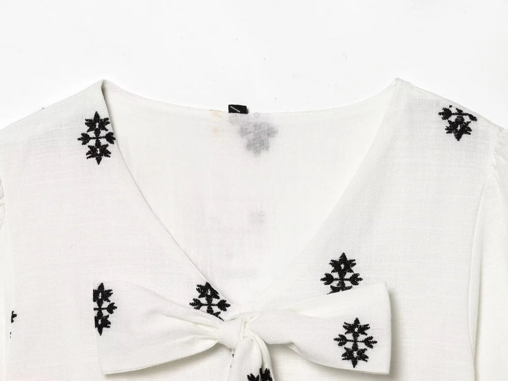 Bow Tie Puff Sleeve Embroidered Tiered Maxi Dress